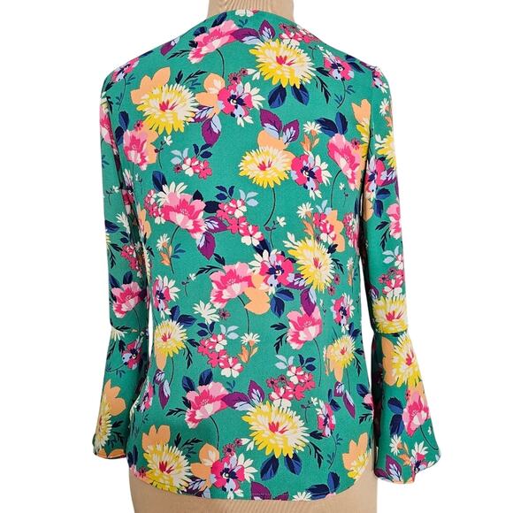 Floral Green Blouse 3/4 Bell Sleeve Womens Small Bloomcore Spring Summer Popover - Picture 2 of 14